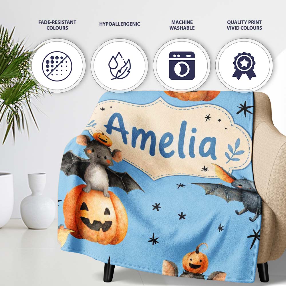 Cute Halloween Bats Sitting on Pumpkins with Stars Blue Background Personalised Custom Name Super Soft Fleece Blanket Bed Sofa Throw