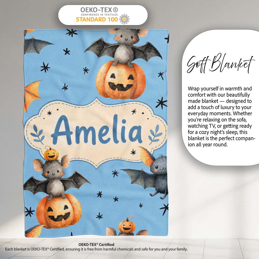 Cute Halloween Bats Sitting on Pumpkins with Stars Blue Background Personalised Custom Name Super Soft Fleece Blanket Bed Sofa Throw