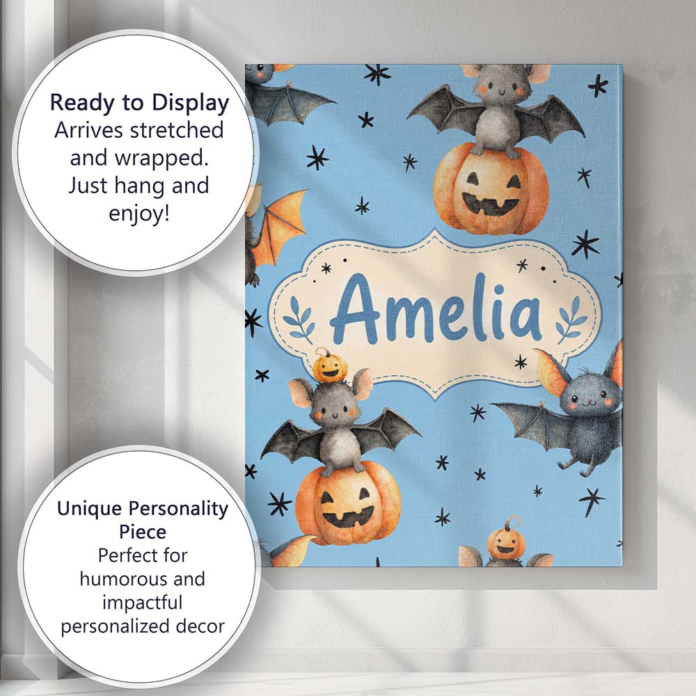 Personalised Name Cute Halloween Bats Custom Modern Room Accent Creative Decorator Style Canvas Wall Art Print Decor Picture Ready to Hang