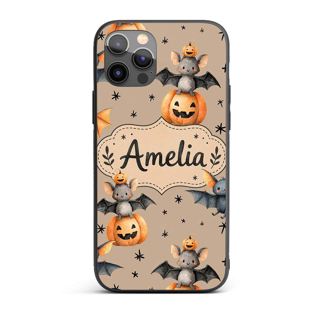 Cute Halloween Bats Sitting on Pumpkins with Custom Name Protective Phone Case Mobile Cover Durable Everyday Smartphone Shock Resistant
