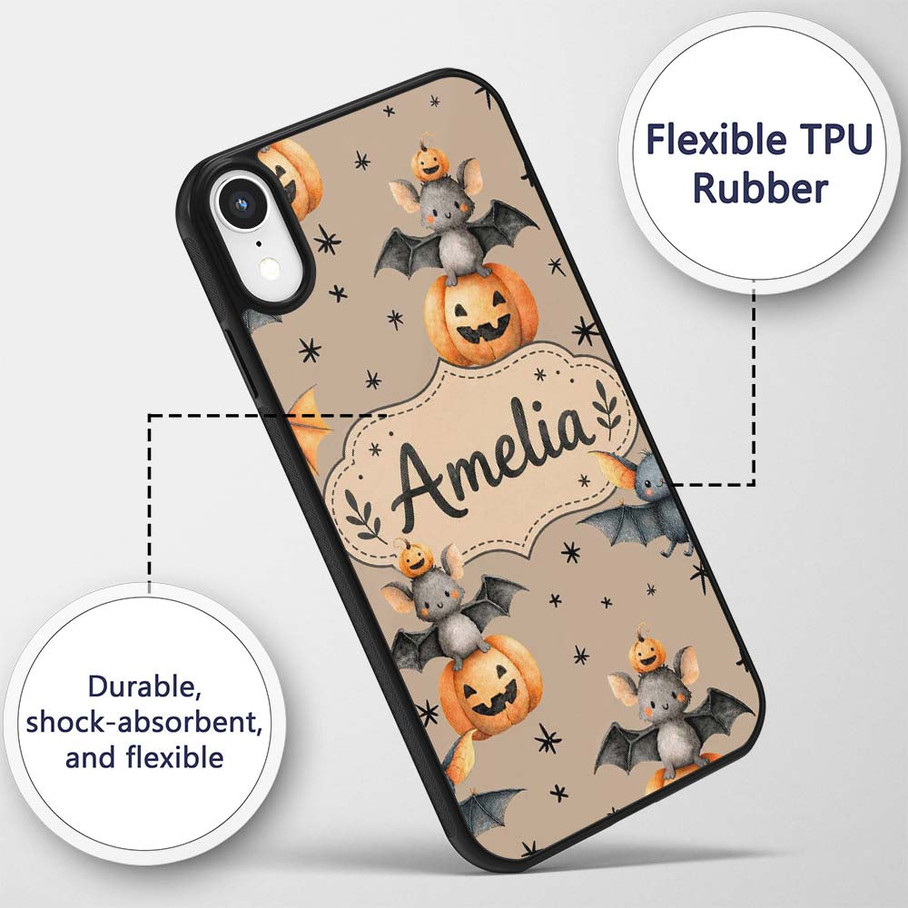 Cute Halloween Bats Sitting on Pumpkins with Custom Name Protective Phone Case Mobile Cover Durable Everyday Smartphone Shock Resistant