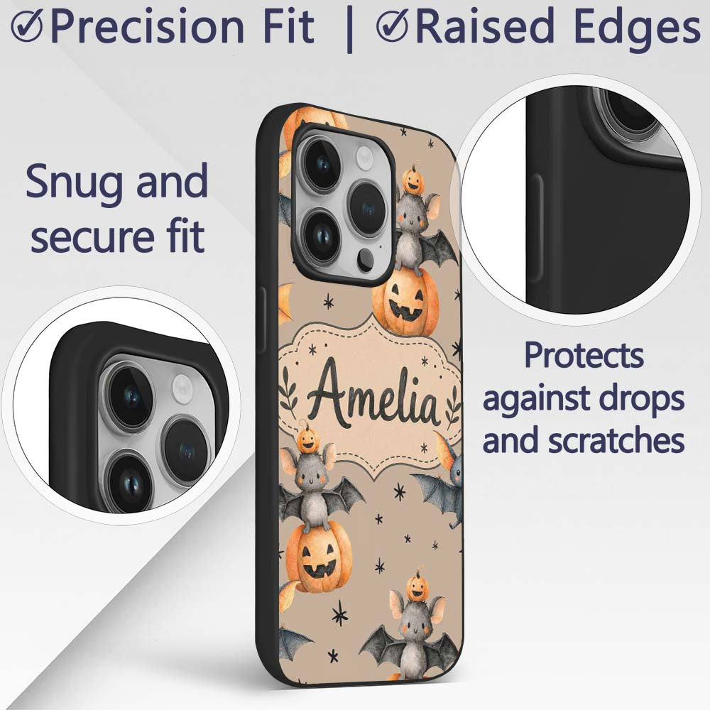 Cute Halloween Bats Sitting on Pumpkins with Custom Name Protective Phone Case Mobile Cover Durable Everyday Smartphone Shock Resistant