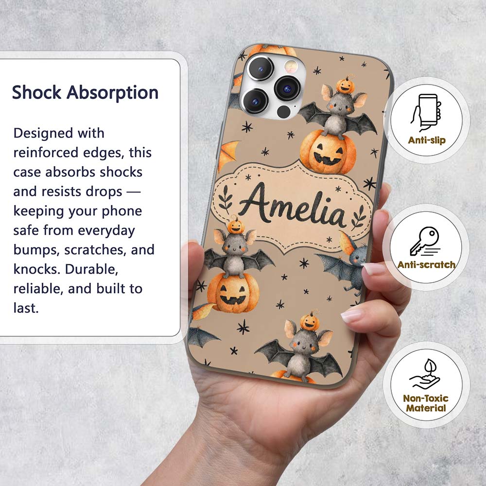 Cute Halloween Bats Sitting on Pumpkins with Custom Name Protective Phone Case Mobile Cover Durable Everyday Smartphone Shock Resistant