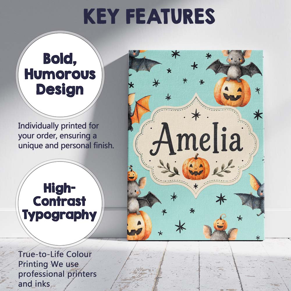 Personalised Name Cute Halloween Bats Custom Modern Room Accent Creative Decorator Style Canvas Wall Art Print Decor Picture Ready to Hang