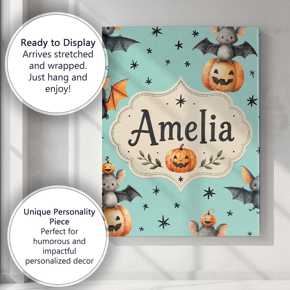 Personalised Name Cute Halloween Bats Custom Modern Room Accent Creative Decorator Style Canvas Wall Art Print Decor Picture Ready to Hang
