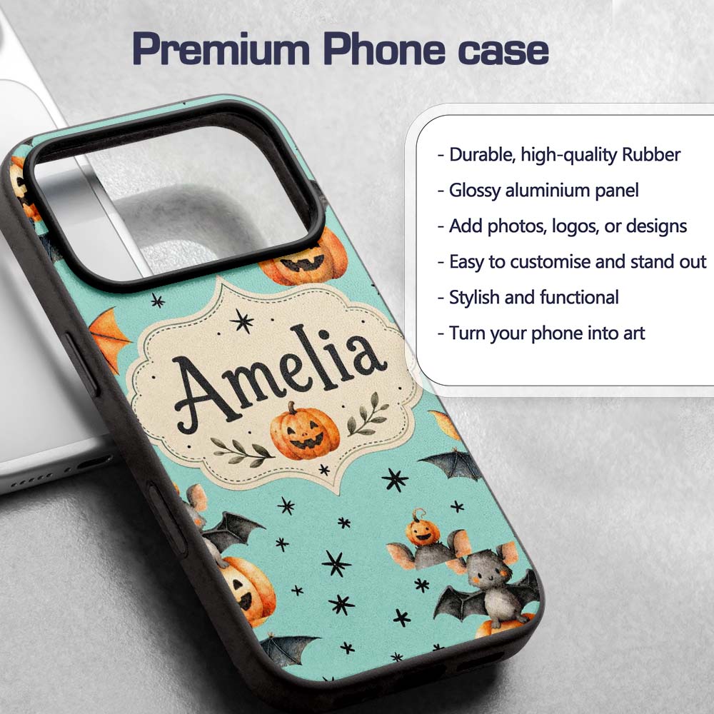 Cute Halloween Bats Sitting on Pumpkins with Custom Name Protective Phone Case Mobile Cover Durable Everyday Smartphone Shock Resistant