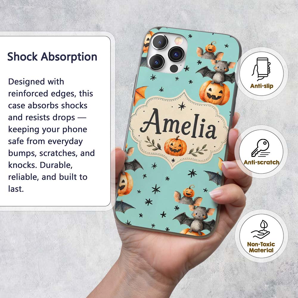 Cute Halloween Bats Sitting on Pumpkins with Custom Name Protective Phone Case Mobile Cover Durable Everyday Smartphone Shock Resistant