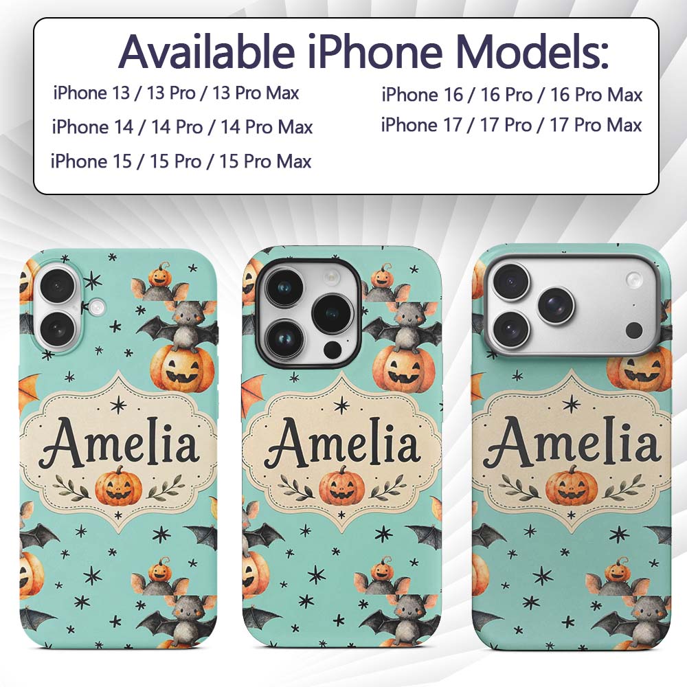 Cute Halloween Bats Sitting on Pumpkins with Custom Name Protective Phone Case Mobile Cover Durable Everyday Smartphone Shock Resistant