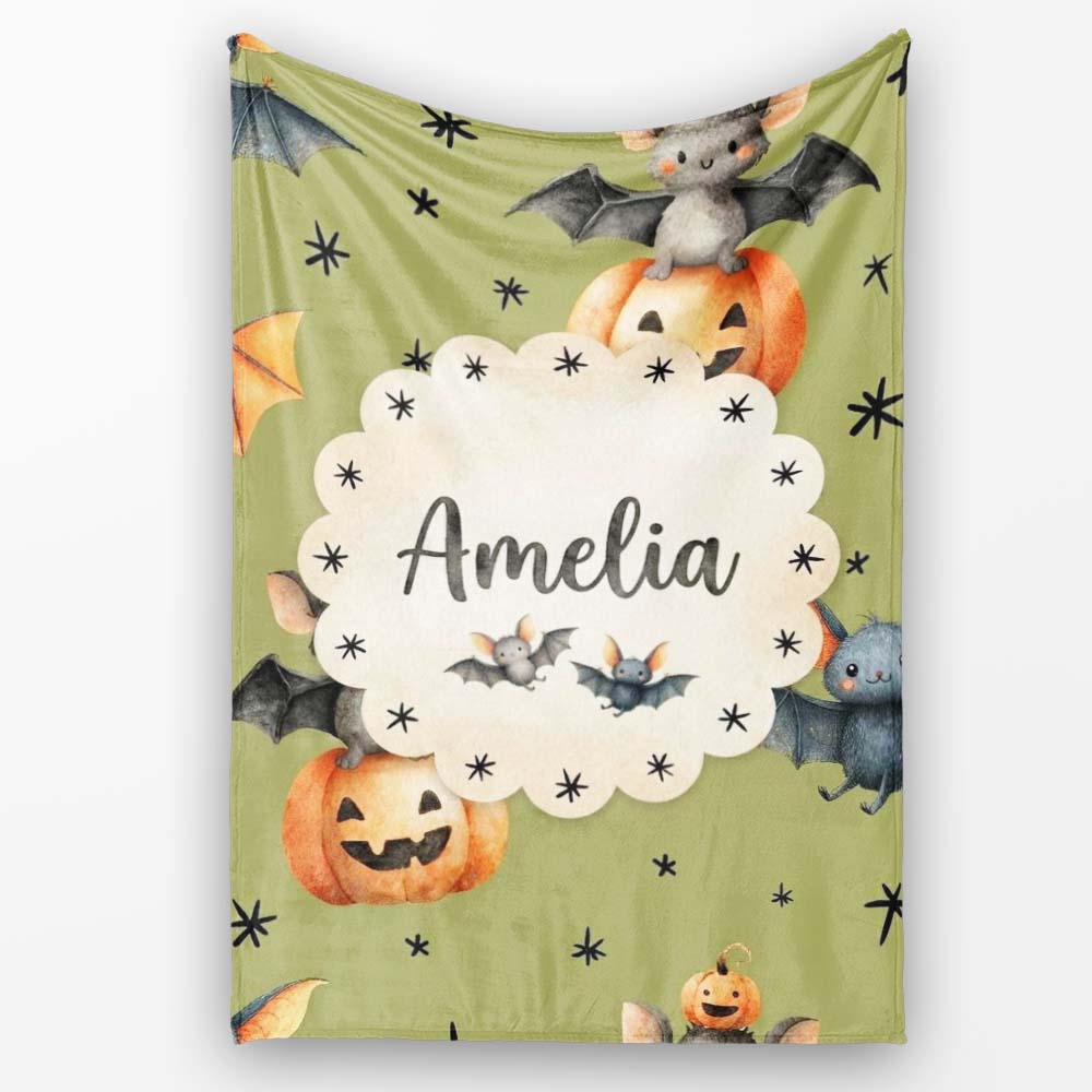 Cute Halloween Bats Sitting on Pumpkins with Stars Olive Background Personalised Custom Name Super Soft Fleece Blanket Bed Sofa Throw