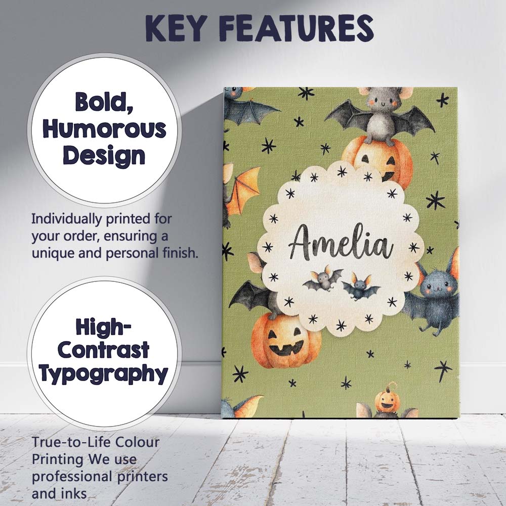 Personalised Name Cute Halloween Bats Custom Modern Room Accent Creative Decorator Style Canvas Wall Art Print Decor Picture Ready to Hang