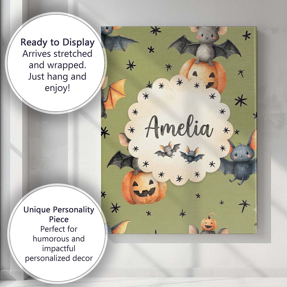 Personalised Name Cute Halloween Bats Custom Modern Room Accent Creative Decorator Style Canvas Wall Art Print Decor Picture Ready to Hang