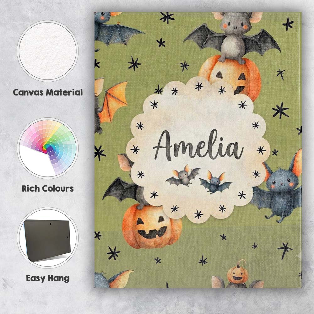 Personalised Name Cute Halloween Bats Custom Modern Room Accent Creative Decorator Style Canvas Wall Art Print Decor Picture Ready to Hang