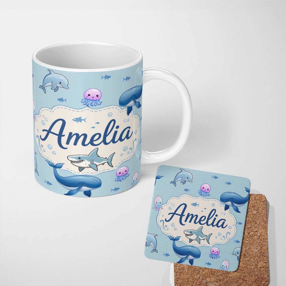 Personalized Custom Name Cute Ocean Animals Dolphin Shark Jellyfish Seamless Pattern Blue 11oz Ceramic Coffee Tea Mug White Large Handle