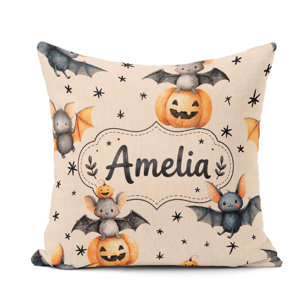 Custom Name Bats Sitting on Pumpkins with Stars Beige Background Square Filled Cushion Throw Pillow Sofa Bed Home Decor Zip Washable UK Made