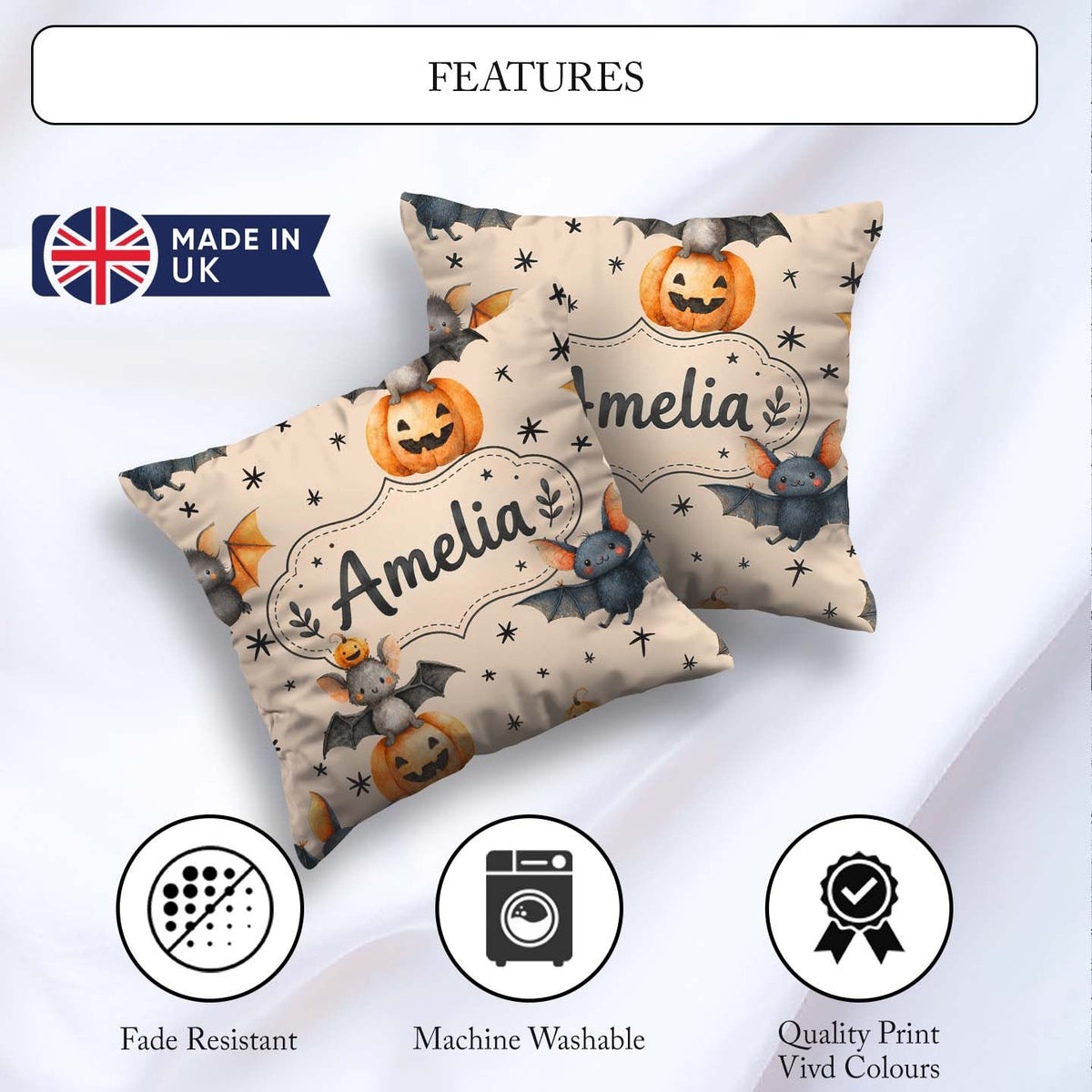 Custom Name Bats Sitting on Pumpkins with Stars Beige Background Square Filled Cushion Throw Pillow Sofa Bed Home Decor Zip Washable UK Made