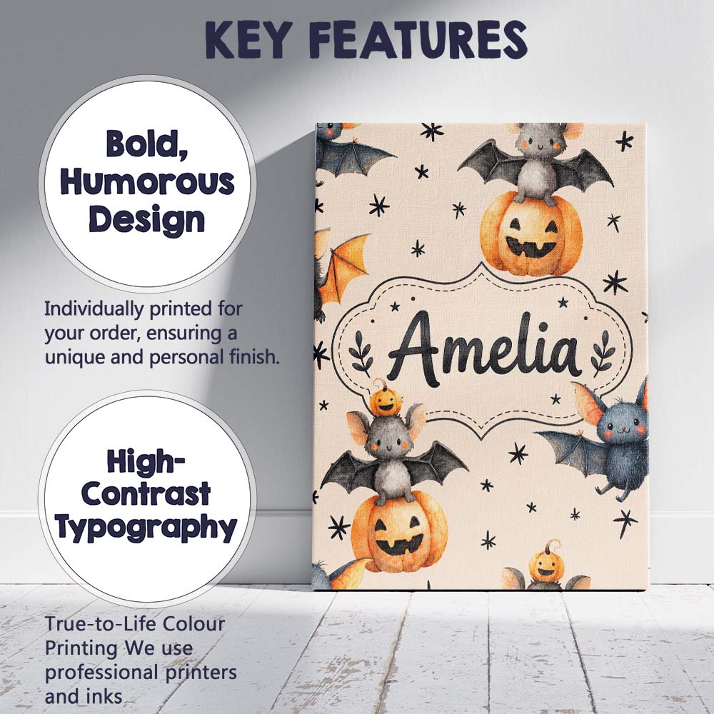 Personalised Name Cute Halloween Bats Custom Modern Room Accent Creative Decorator Style Canvas Wall Art Print Decor Picture Ready to Hang
