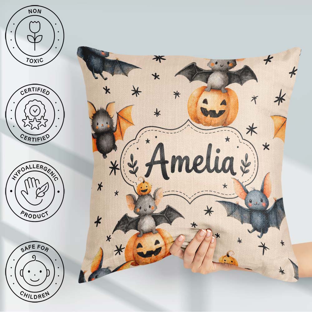 Custom Name Bats Sitting on Pumpkins with Stars Beige Background Square Filled Cushion Throw Pillow Sofa Bed Home Decor Zip Washable UK Made