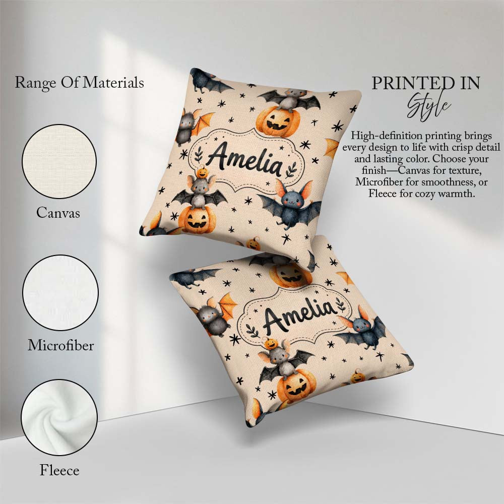 Custom Name Bats Sitting on Pumpkins with Stars Beige Background Square Filled Cushion Throw Pillow Sofa Bed Home Decor Zip Washable UK Made
