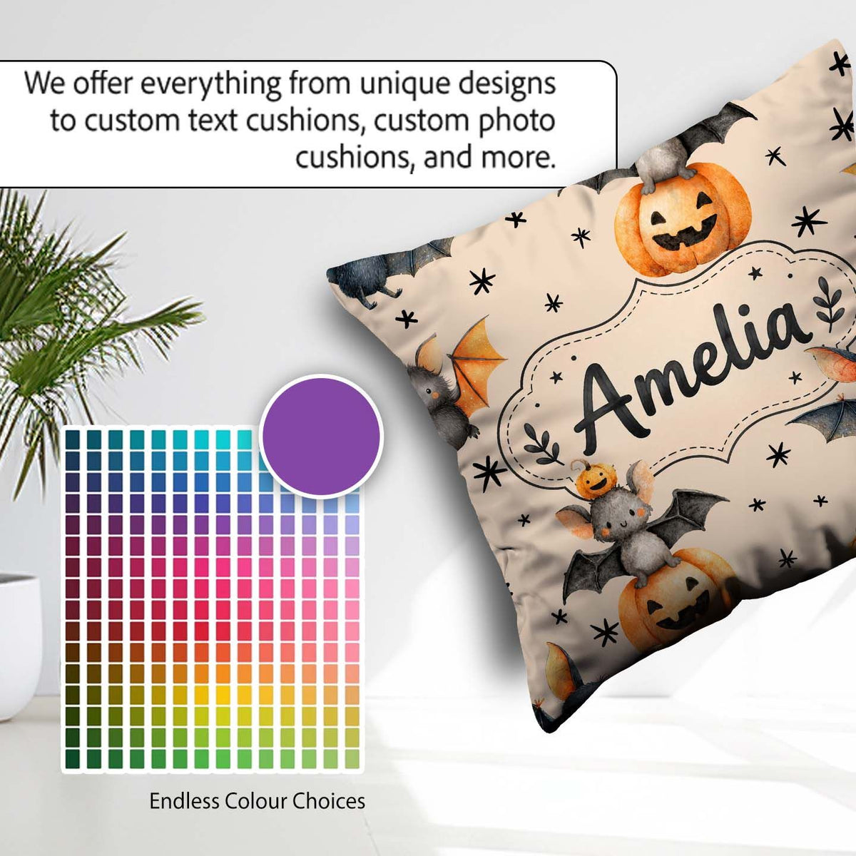 Custom Name Bats Sitting on Pumpkins with Stars Beige Background Square Filled Cushion Throw Pillow Sofa Bed Home Decor Zip Washable UK Made