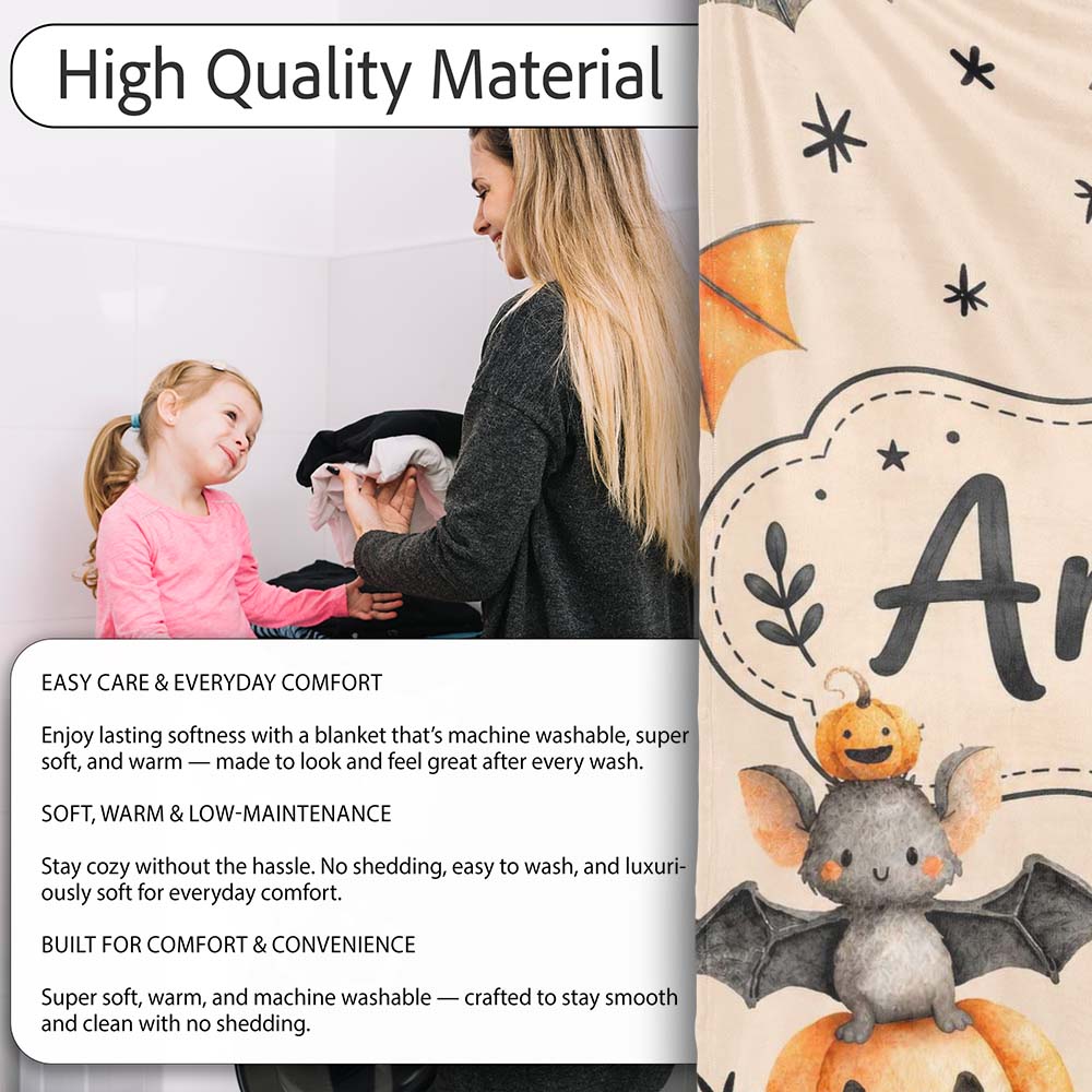 Cute Halloween Bats Sitting on Pumpkins with Stars Beige Background Personalised Custom Name Super Soft Fleece Blanket Bed Sofa Throw