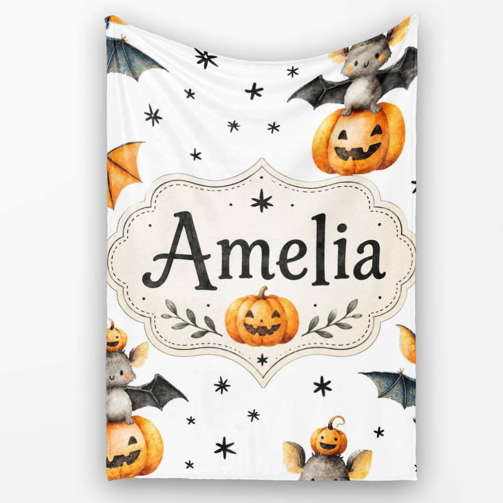 Cute Halloween Bats Sitting on Pumpkins with Stars Grey Background Personalised Custom Name Super Soft Fleece Blanket Bed Sofa Throw
