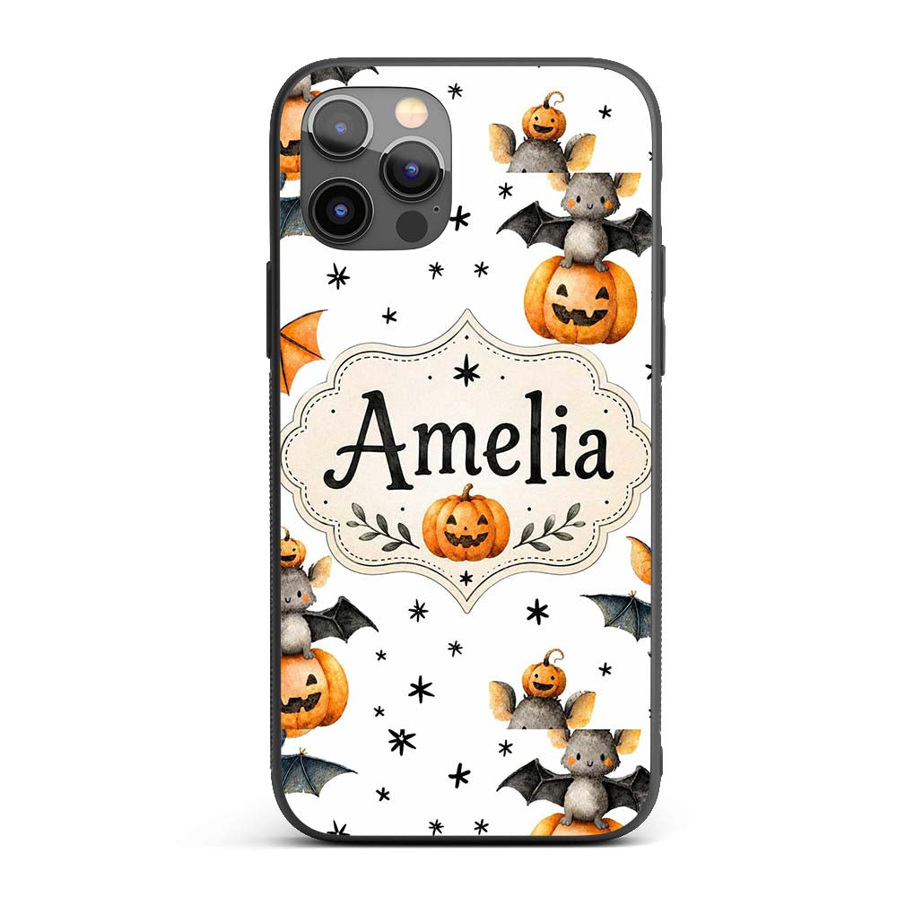 Cute Halloween Bats Sitting on Pumpkins with Custom Name Protective Phone Case Mobile Cover Durable Everyday Smartphone Shock Resistant