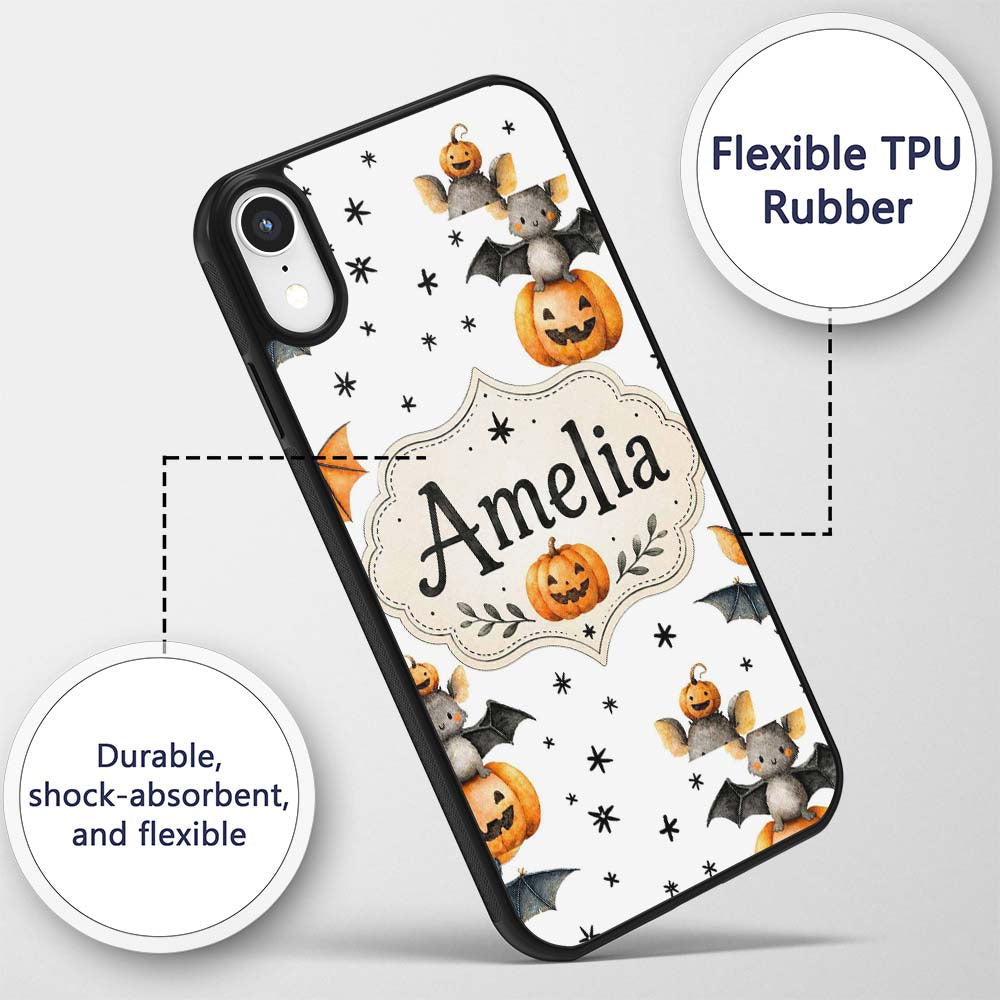 Cute Halloween Bats Sitting on Pumpkins with Custom Name Protective Phone Case Mobile Cover Durable Everyday Smartphone Shock Resistant