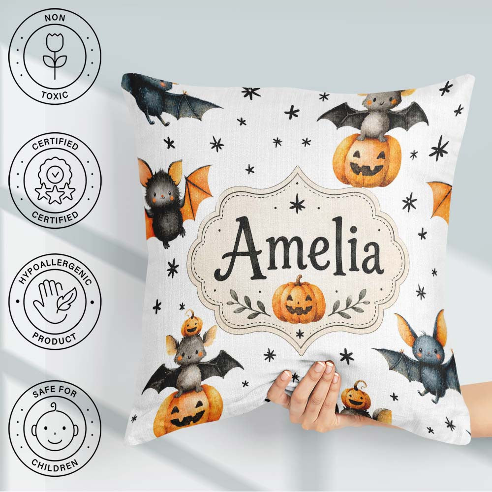 Custom Name Halloween Bats Sitting on with Stars Grey Background Square Filled Cushion Throw Pillow Sofa Bed Home Decor Zip Washable UK Made