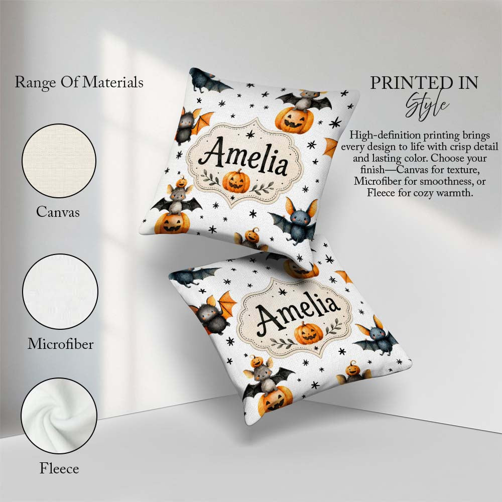 Custom Name Halloween Bats Sitting on with Stars Grey Background Square Filled Cushion Throw Pillow Sofa Bed Home Decor Zip Washable UK Made