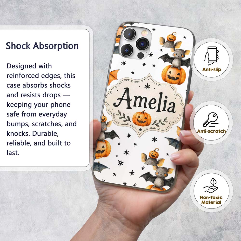 Cute Halloween Bats Sitting on Pumpkins with Custom Name Protective Phone Case Mobile Cover Durable Everyday Smartphone Shock Resistant