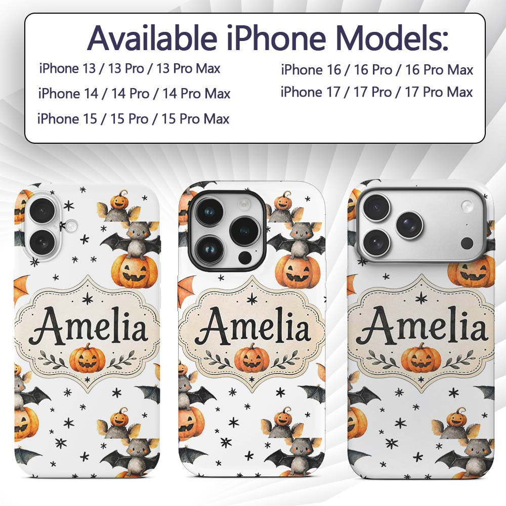 Cute Halloween Bats Sitting on Pumpkins with Custom Name Protective Phone Case Mobile Cover Durable Everyday Smartphone Shock Resistant