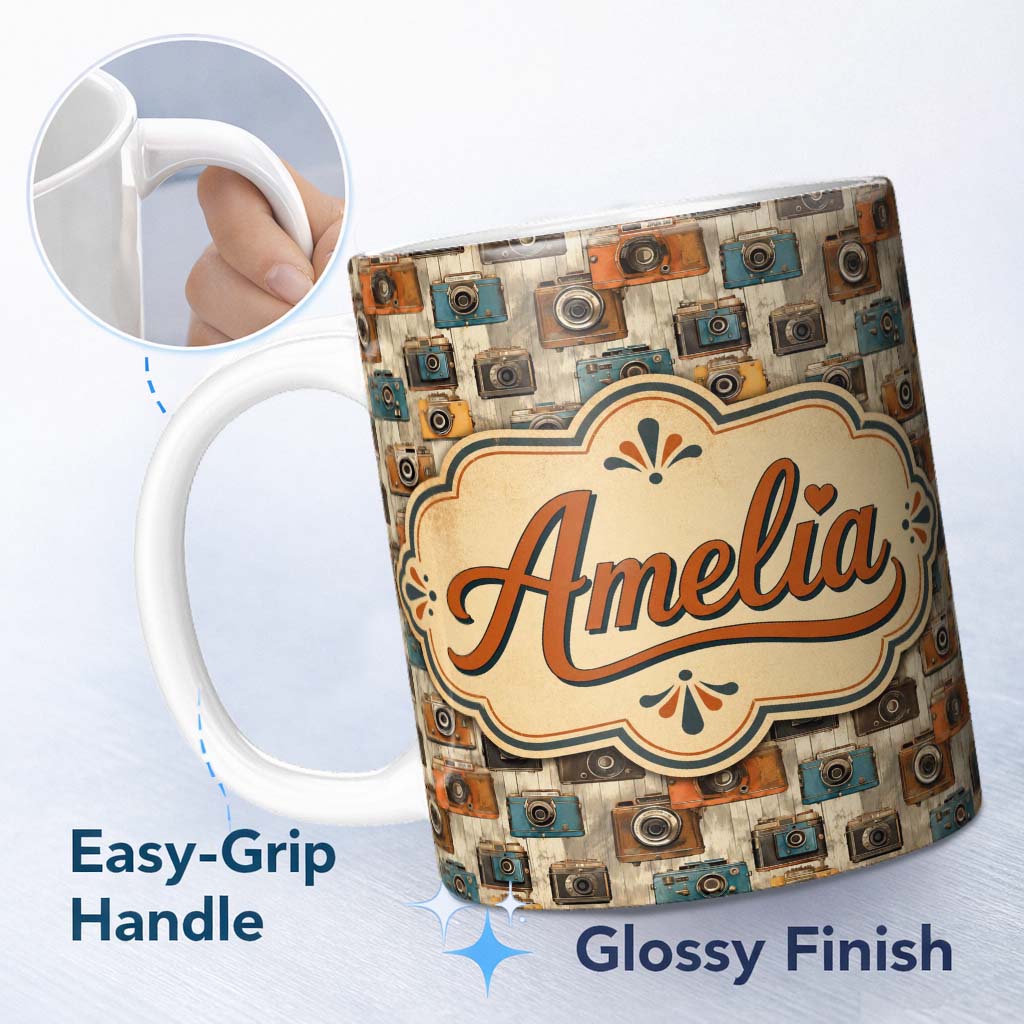 Personalized Custom Name Vintage Camera Scatter Pattern with Soft Floral Background Seamless 11oz Ceramic Coffee Tea Mug White Large Handle