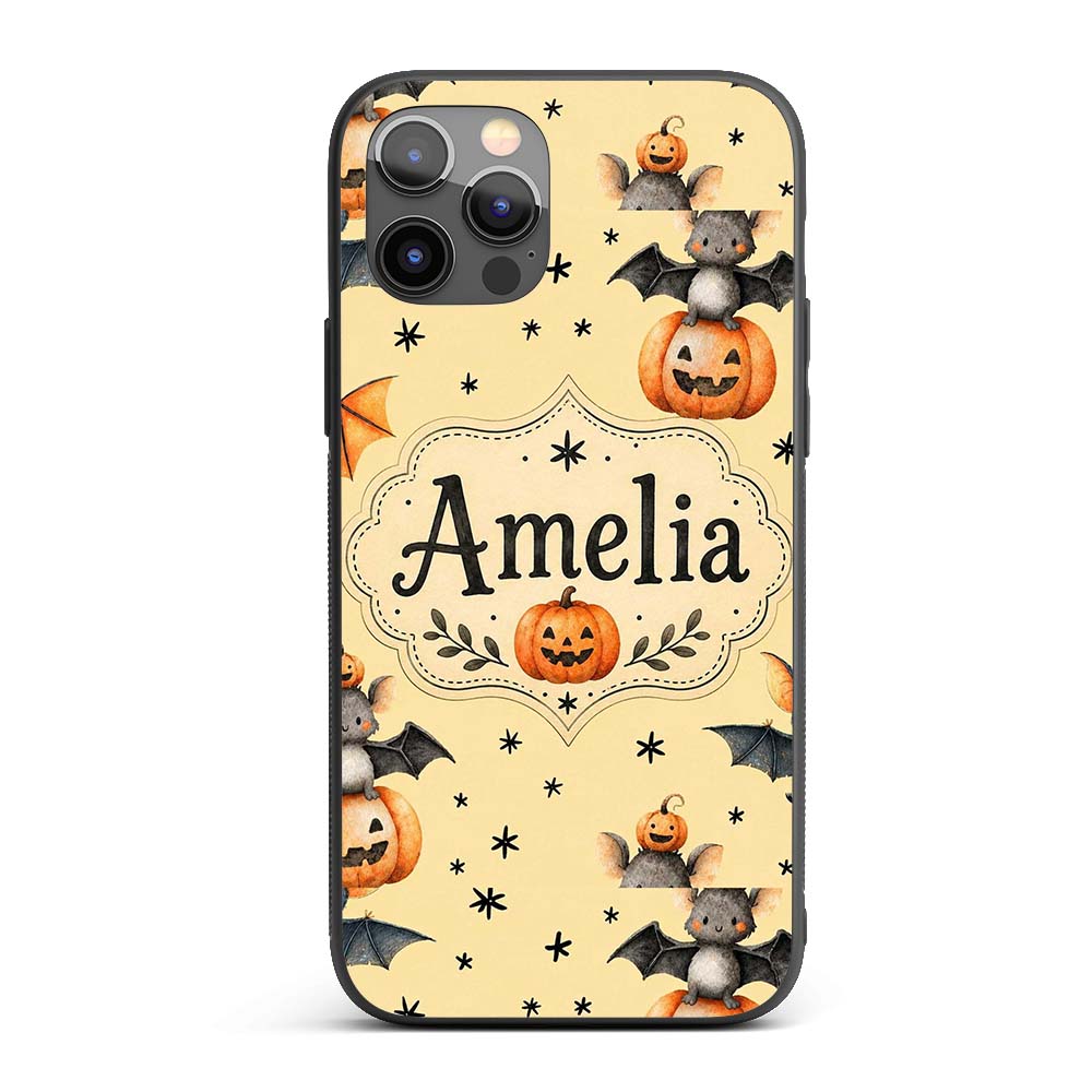 Cute Halloween Bats Sitting on Pumpkins with Custom Name Protective Phone Case Mobile Cover Durable Everyday Smartphone Shock Resistant