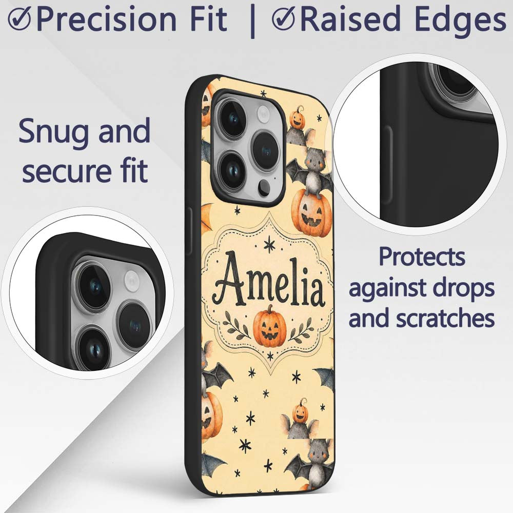 Cute Halloween Bats Sitting on Pumpkins with Custom Name Protective Phone Case Mobile Cover Durable Everyday Smartphone Shock Resistant