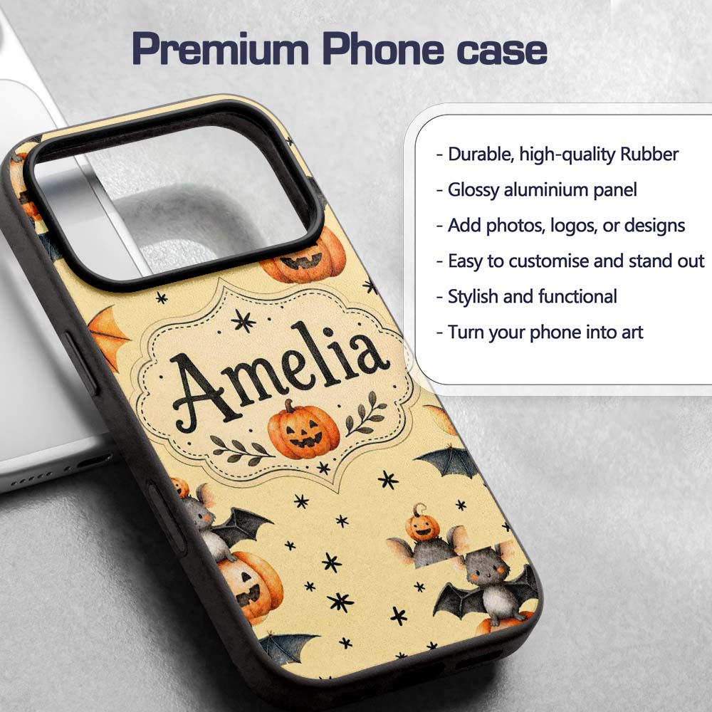 Cute Halloween Bats Sitting on Pumpkins with Custom Name Protective Phone Case Mobile Cover Durable Everyday Smartphone Shock Resistant