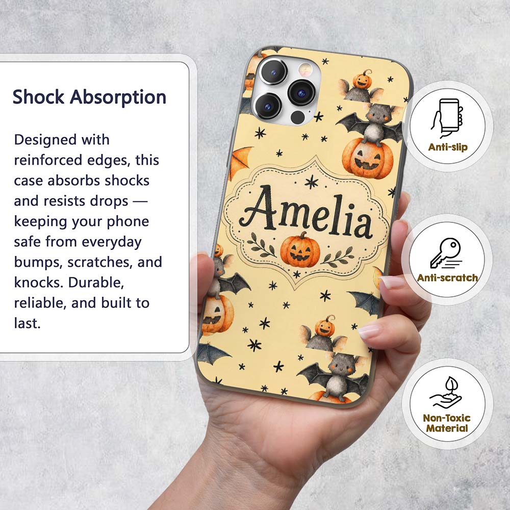 Cute Halloween Bats Sitting on Pumpkins with Custom Name Protective Phone Case Mobile Cover Durable Everyday Smartphone Shock Resistant