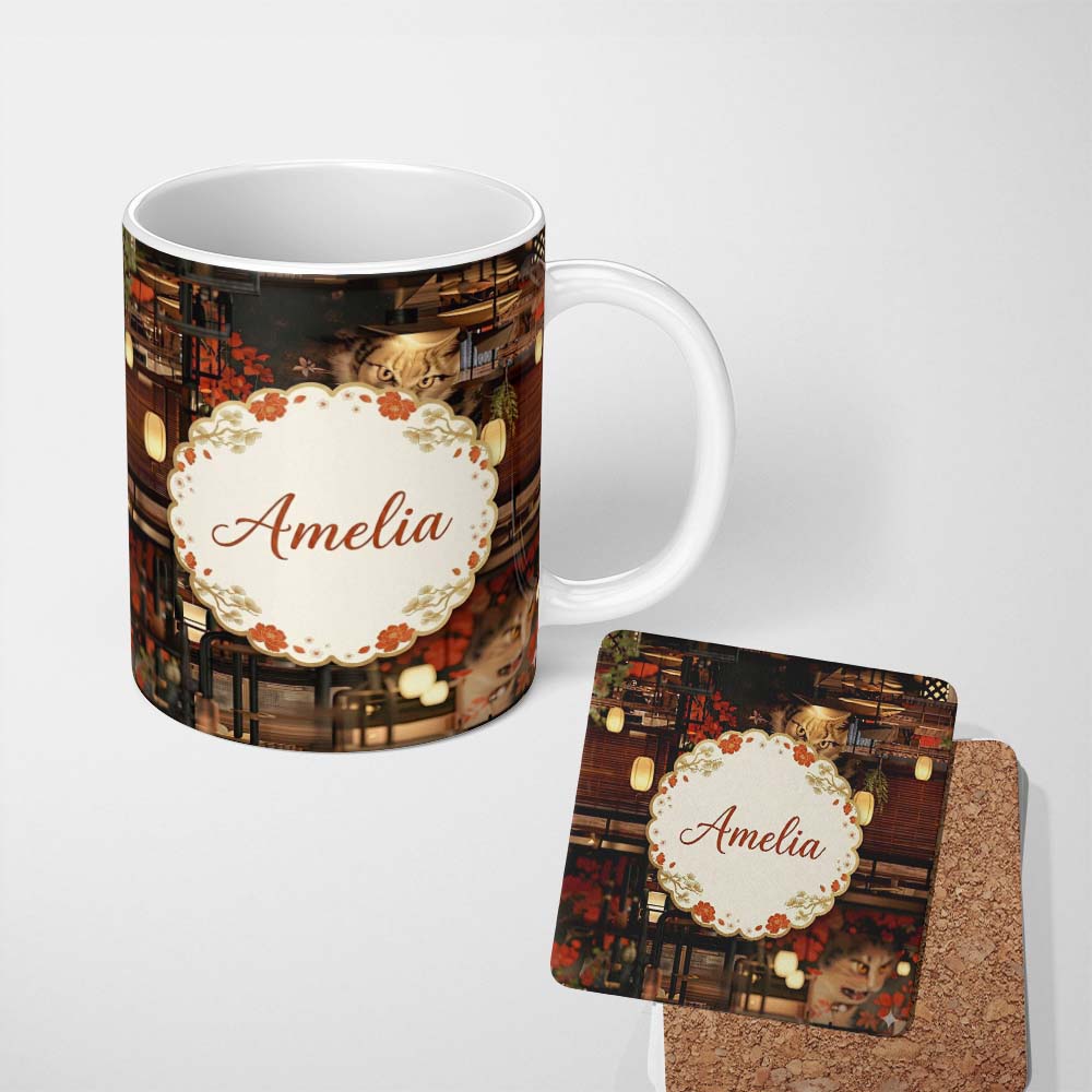 Personalized Custom Name Artistic Cat with Red Flowers in Japanese Style Interior Decorative 11oz Ceramic Coffee Tea Mug White Large Handle