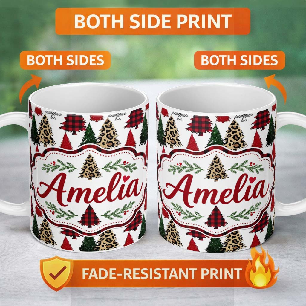 Personalized Custom Name Trendy Christmas Trees in Plaid and Leopard Print Seamless Pattern 11oz Ceramic Coffee Tea Mug White Large Handle