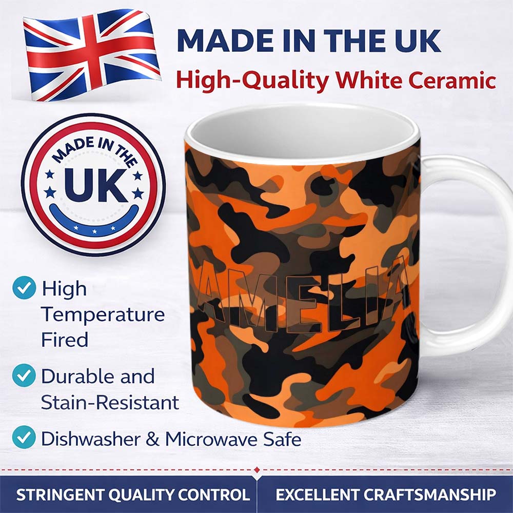 Personalized Custom Name Orange Black Urban Camouflage Bold Seamless Pattern Cute Unique Gift 11oz Ceramic Coffee Tea Mug White Large Handle