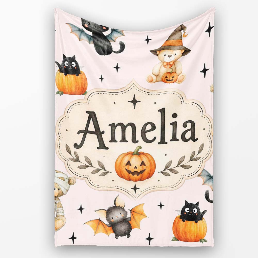 Cute Halloween Teddy Bears Mummy Witch Cat Pumpkin Stars Pink Lovely Personalised Custom Name Super Soft Fleece Blanket Bed Sofa Throw