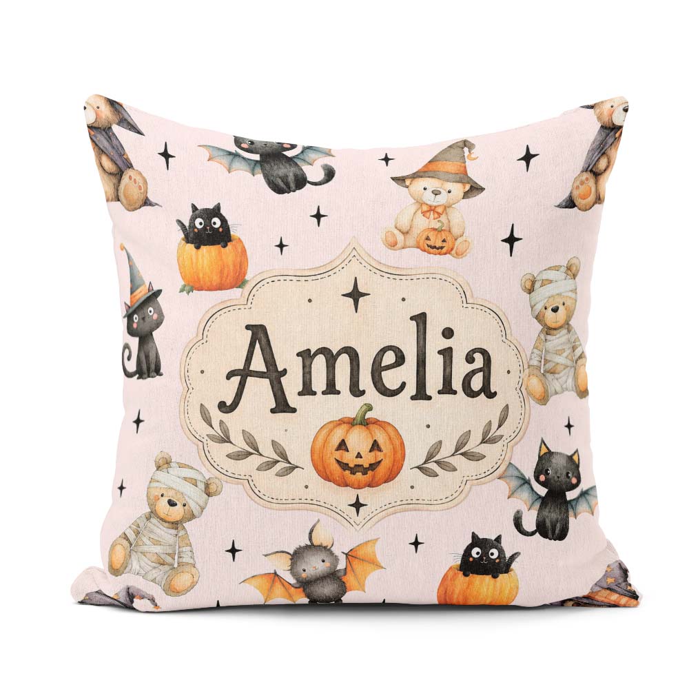 Custom Name Cute Teddy Bears Mummy Witch Cat Pumpkin Stars Pink Square Filled Cushion Throw Pillow Sofa Bed Home Decor Zip Washable UK Made