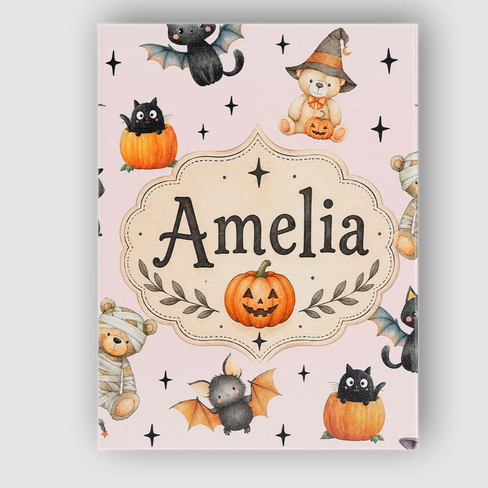 Personalised Name Cute Halloween Teddy Custom Modern Room Accent Elegant Feature Canvas Wall Art Print Decor Picture Ready to Hang