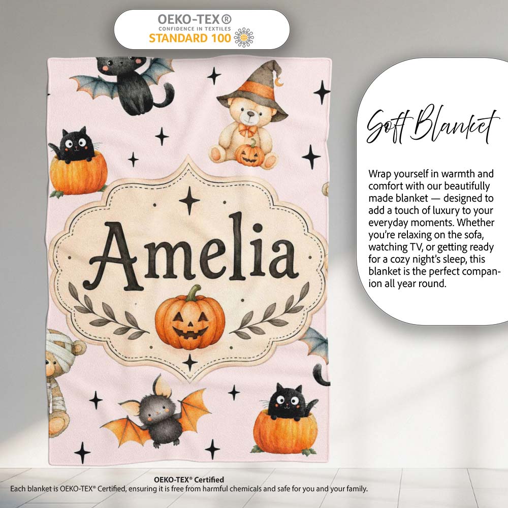 Cute Halloween Teddy Bears Mummy Witch Cat Pumpkin Stars Pink Lovely Personalised Custom Name Super Soft Fleece Blanket Bed Sofa Throw