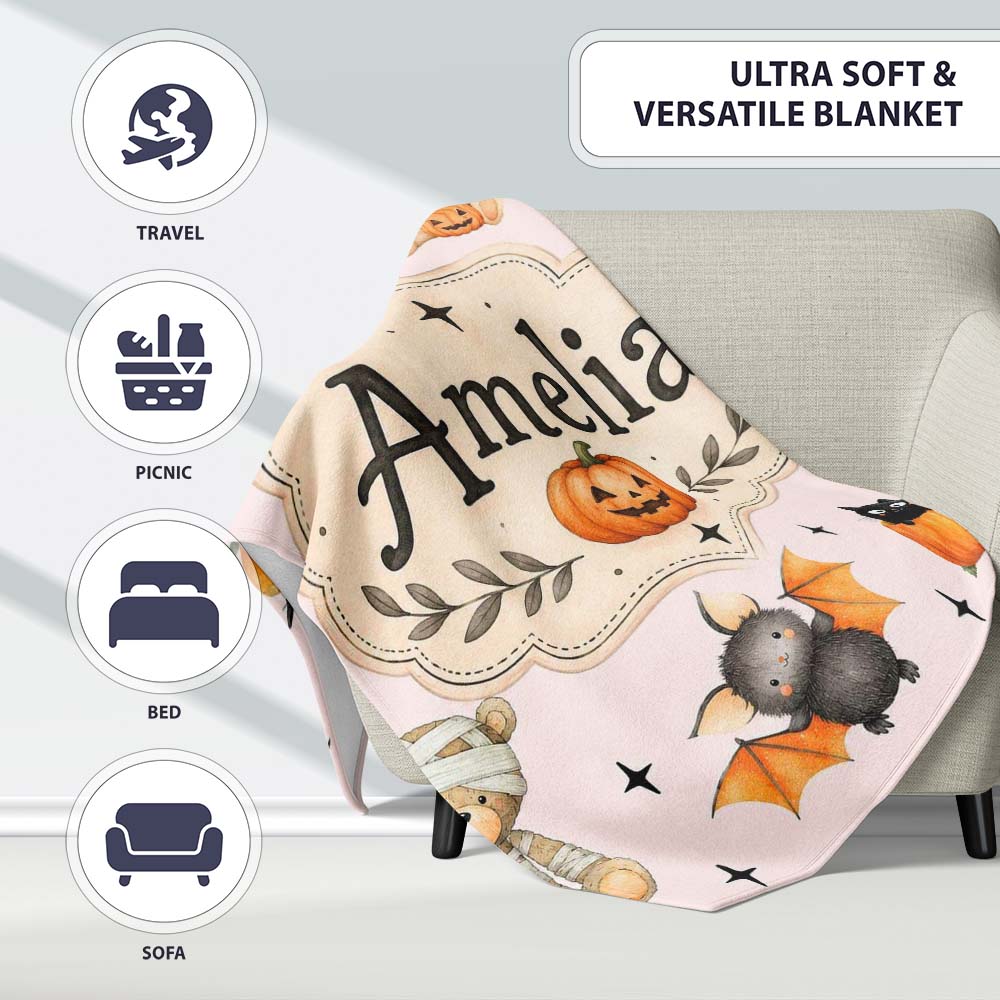Cute Halloween Teddy Bears Mummy Witch Cat Pumpkin Stars Pink Lovely Personalised Custom Name Super Soft Fleece Blanket Bed Sofa Throw