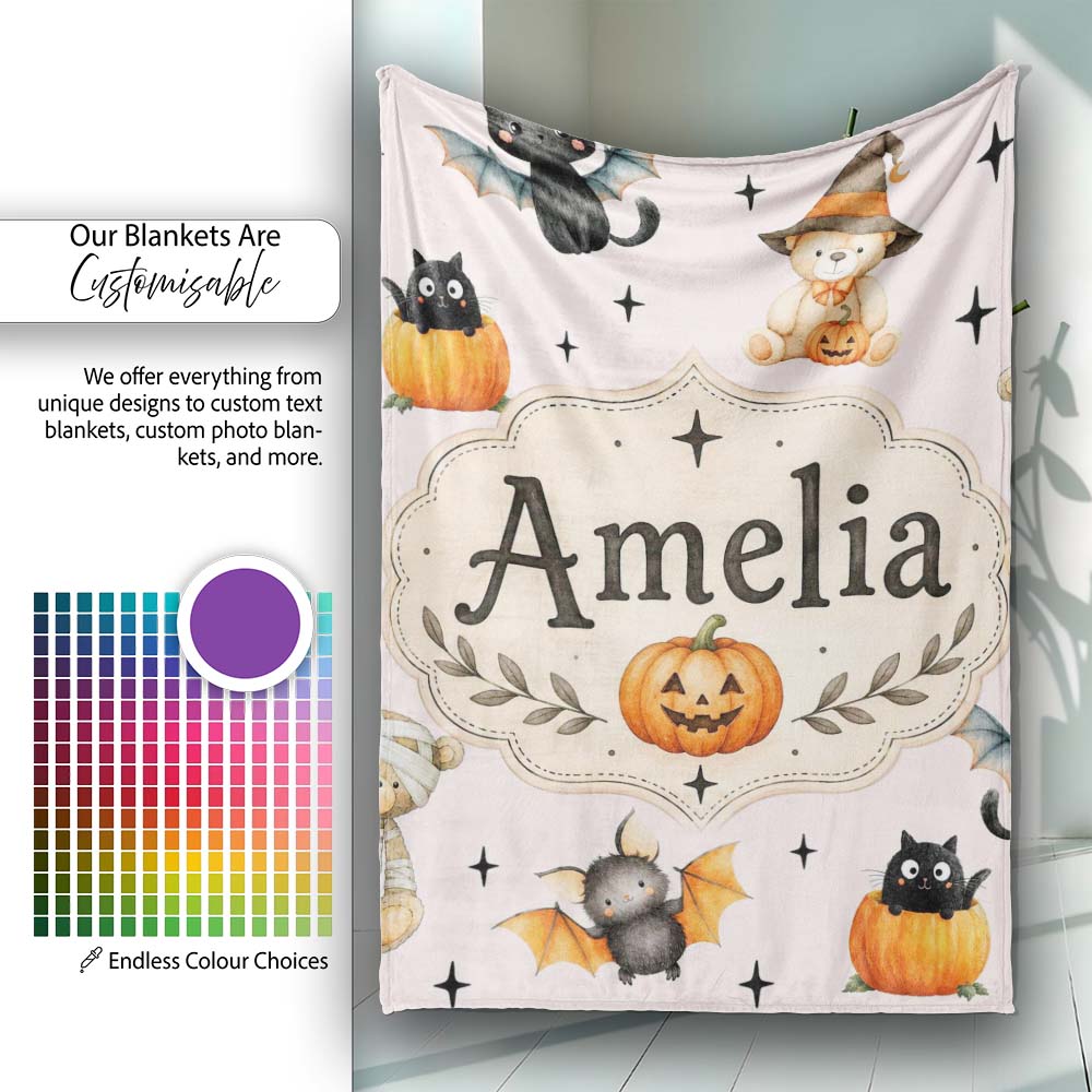 Cute Halloween Teddy Bears Mummy Witch Cat Pumpkin Stars Pink Lovely Personalised Custom Name Super Soft Fleece Blanket Bed Sofa Throw