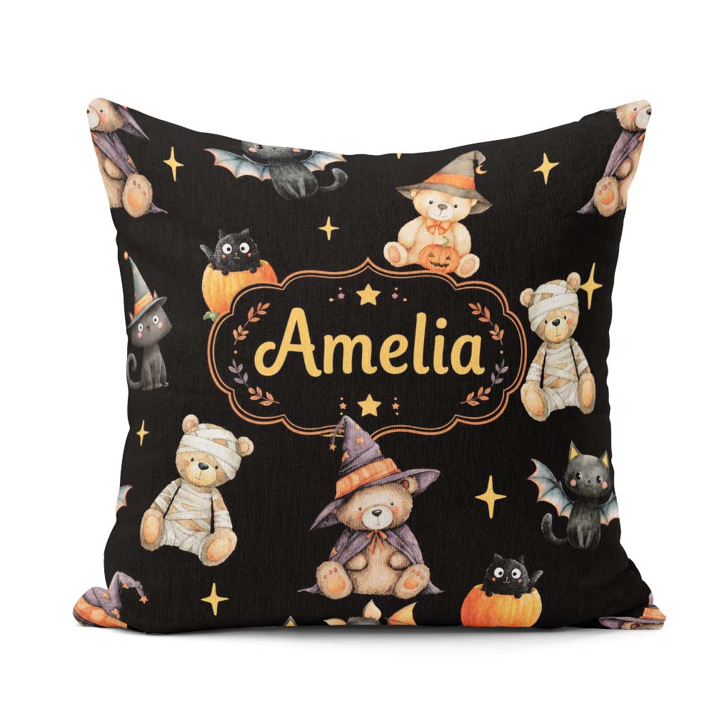 Custom Name Cute Teddy Bears Mummy Witch Cat Pumpkin Stars Black Square Filled Cushion Throw Pillow Sofa Bed Home Decor Zip Washable UK Made