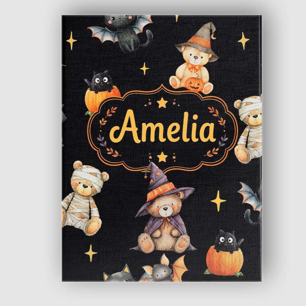 Personalised Name Cute Halloween Teddy Custom Modern Room Accent Elegant Feature Canvas Wall Art Print Decor Picture Ready to Hang