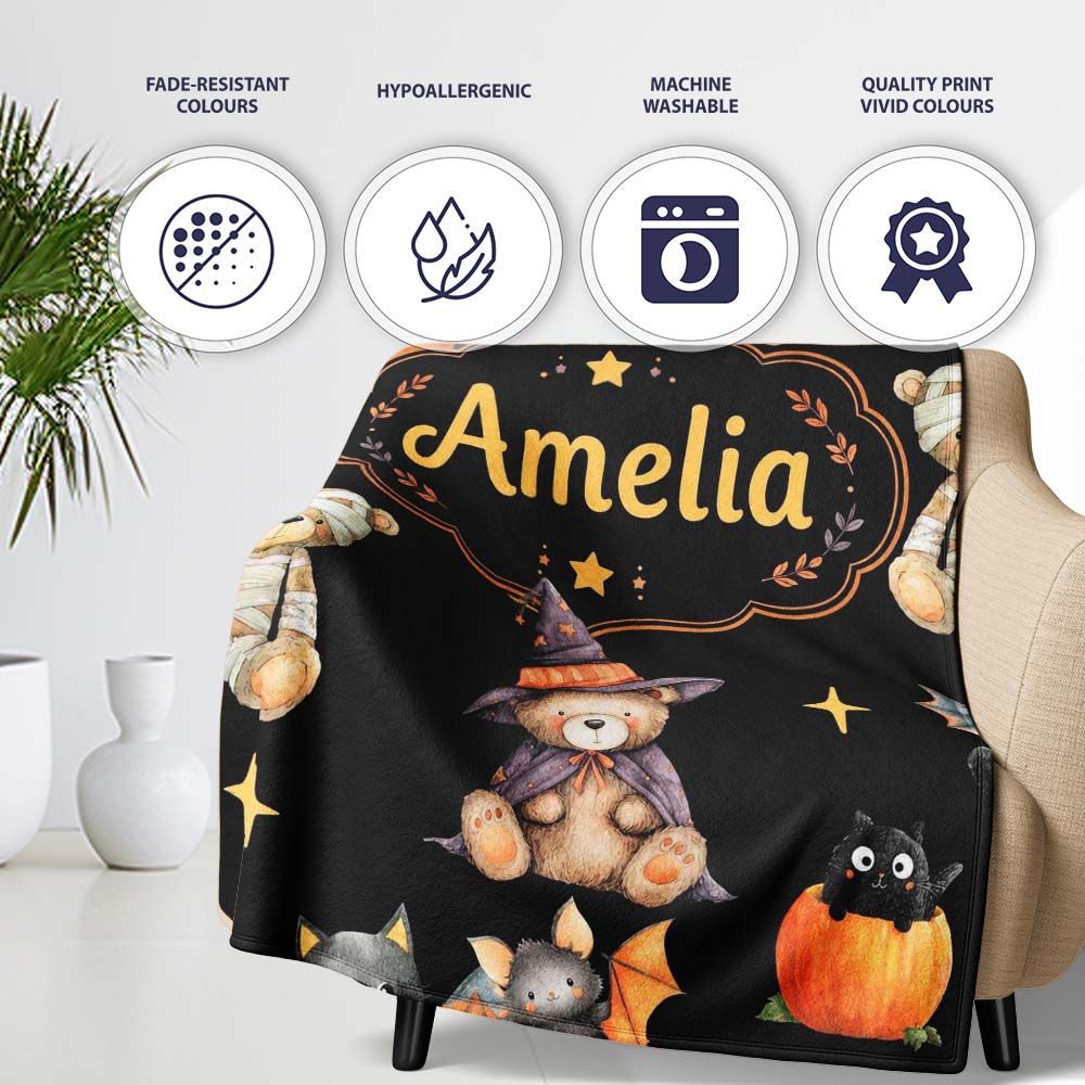 Cute Halloween Teddy Bears Mummy Witch Cat Pumpkin Stars Black Personalised Custom Name Super Soft Fleece Blanket Bed Sofa Throw