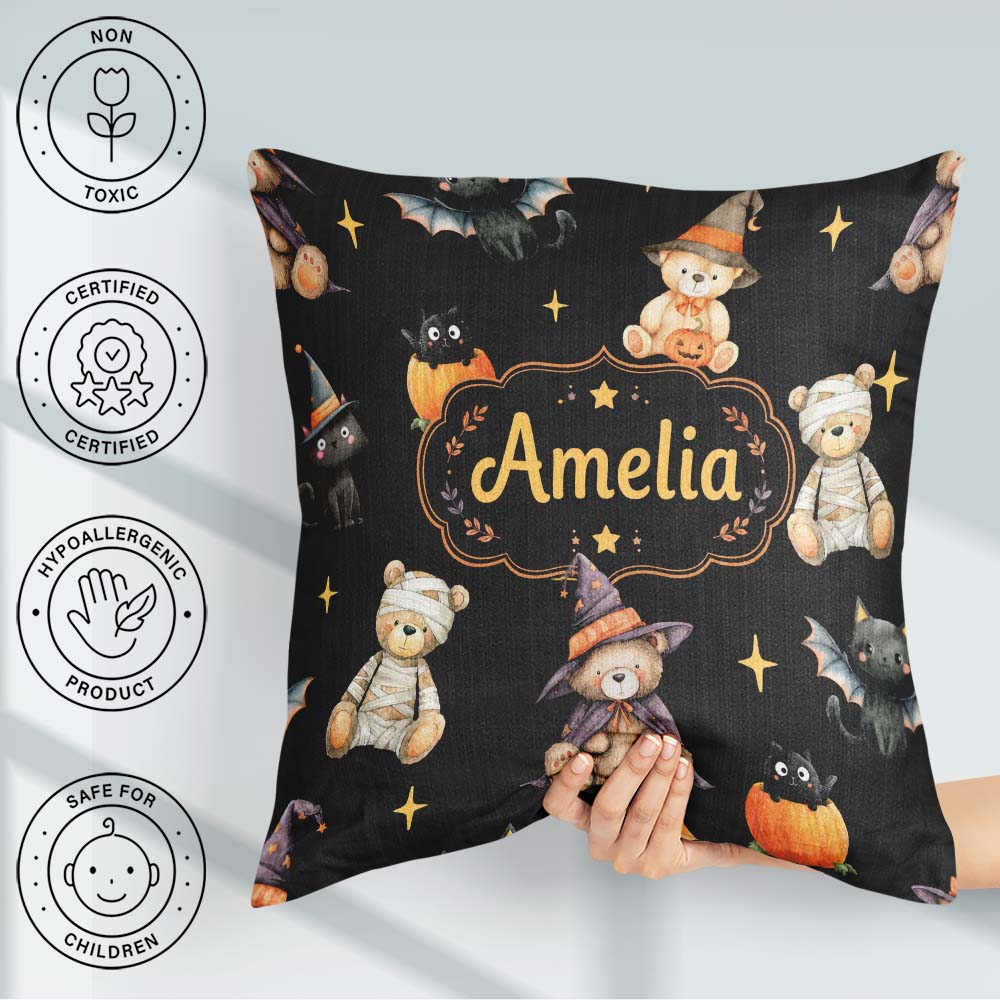Custom Name Cute Teddy Bears Mummy Witch Cat Pumpkin Stars Black Square Filled Cushion Throw Pillow Sofa Bed Home Decor Zip Washable UK Made