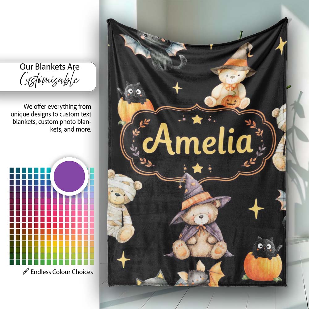Cute Halloween Teddy Bears Mummy Witch Cat Pumpkin Stars Black Personalised Custom Name Super Soft Fleece Blanket Bed Sofa Throw